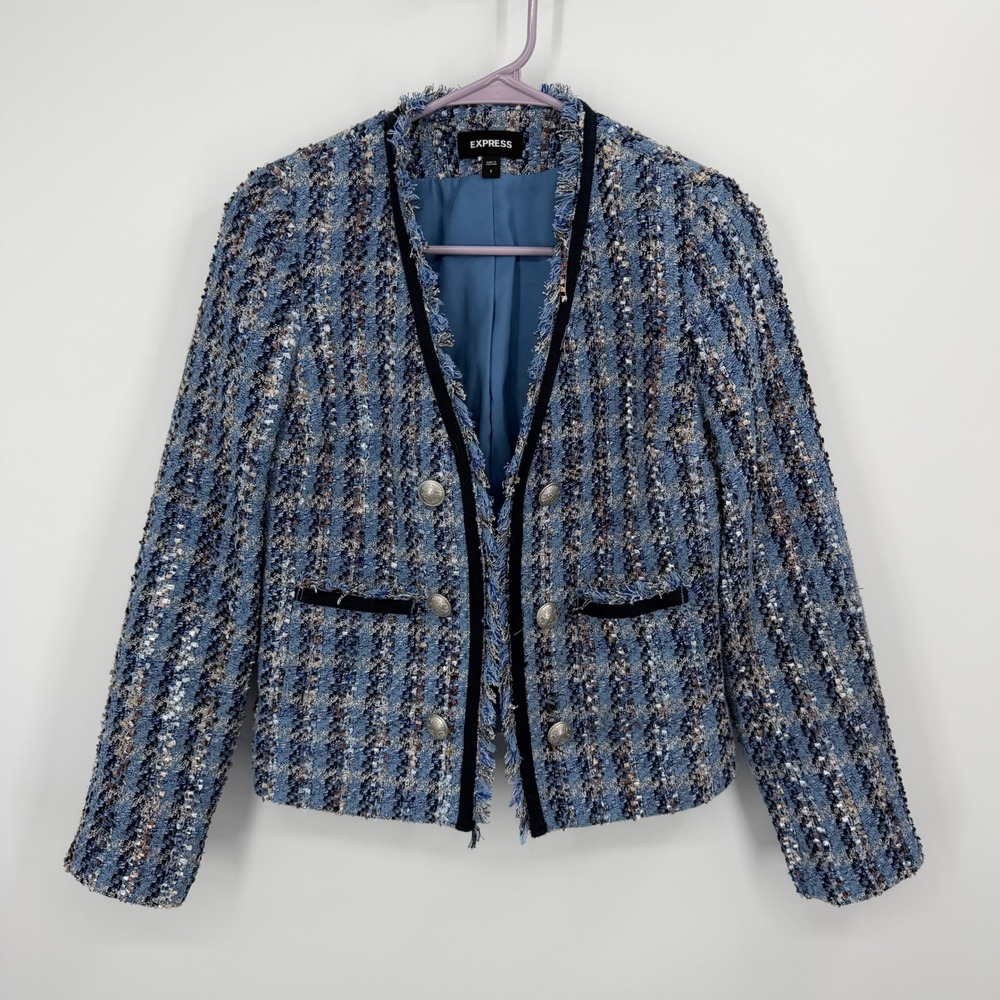 Express Open Front Blazer Womens Size S Blue Tweed Fringed Trim Metallic Accents